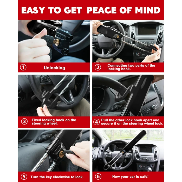 Tevlaphee Steering Wheel Lock Anti-Theft Car Device Heavy Duty Security Car Lock Antitheft Locking Devices Great Deterrent Adjustable Car Wheel Lock Anti Theft for Vehicle Truck with 3 Keys(Black) by Tevlaphee - Image 5