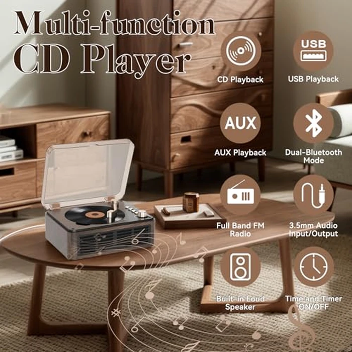 Gueray CD Player with Speakers HiFi Stereo Sound for Home,Bluetooth Retro Wood CD Music Players FM Radio with Remote Control,Support USB & AUX Playback by Gueray - Image 2