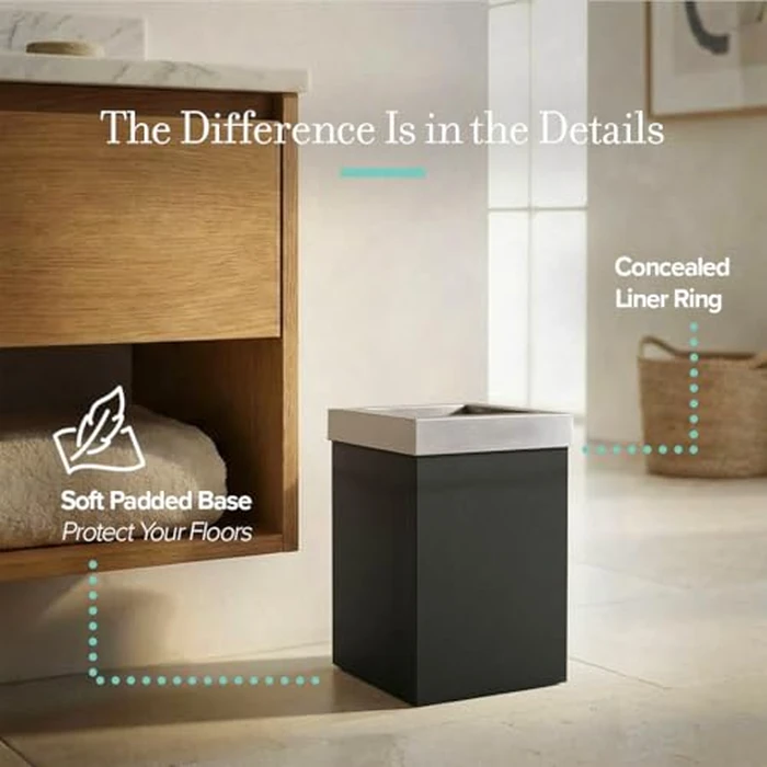 Gatco Small Bathroom Trash Can with Lid, Square 3 Gallon Stainless Steel Wastebasket, Under Sink, Matte Black and Satin Nickel, for Bathroom, Bedroom, Office (1915SN) by Gatco - Image 4