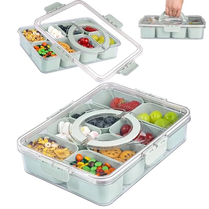 U-QE Dishwasher Safe Snackle Box Container with 8 Small Snacks Box - Premium Sage Green Plastic Divided Serving Tray with Lid and Handle for Snack, Fruits, Perfect for Party, Picnic, Entertaining by U-QE - Image 1