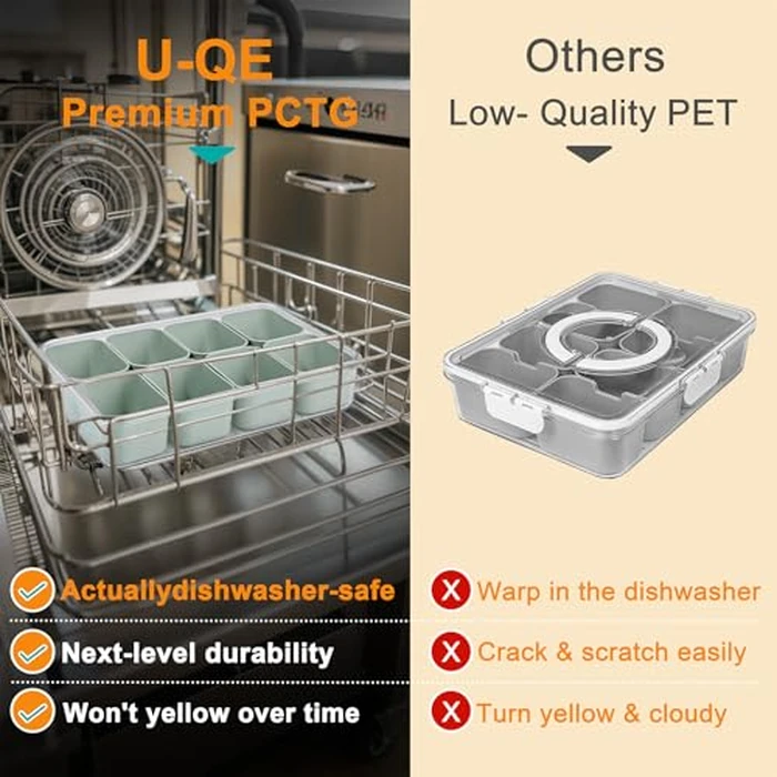 U-QE Dishwasher Safe Snackle Box Container with 8 Small Snacks Box - Premium Sage Green Plastic Divided Serving Tray with Lid and Handle for Snack, Fruits, Perfect for Party, Picnic, Entertaining by U-QE - Image 2