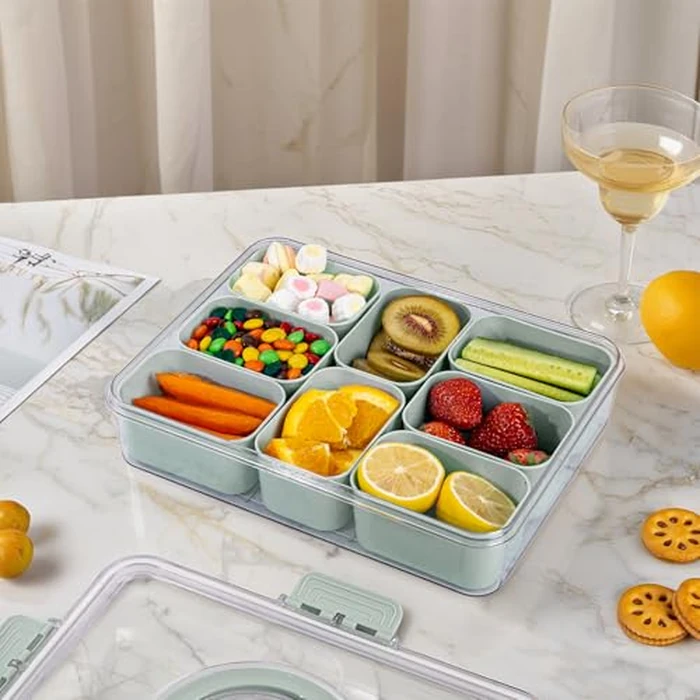 U-QE Dishwasher Safe Snackle Box Container with 8 Small Snacks Box - Premium Sage Green Plastic Divided Serving Tray with Lid and Handle for Snack, Fruits, Perfect for Party, Picnic, Entertaining by U-QE - Image 6