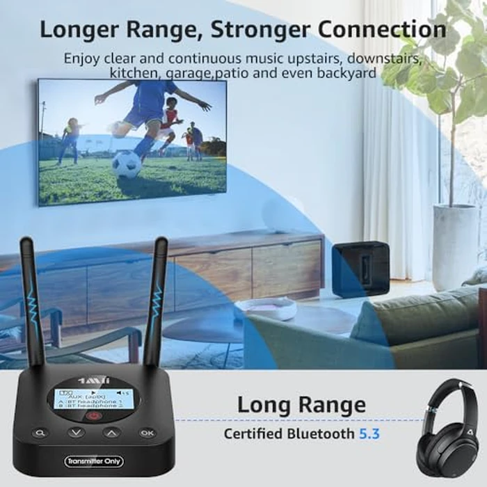 1Mii B06TX+ Long Range Bluetooth 5.3 Transmitter for TV/PC/Projector to 2 Wireless Headphones/Speakers, Bluetooth Adapter for TV w/Screen Display Plug n Play, aptX Low Latency & Adaptive & HD Audio by 1Mii - Image 3
