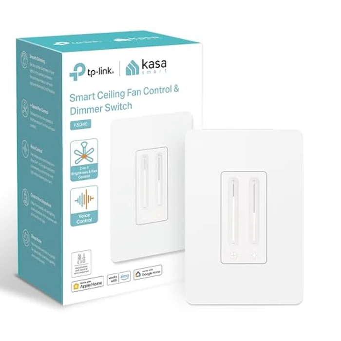Kasa Smart Ceiling Fan Control & Dimmer Switch (KS240) - Adjustable 4-Speed Fan & Brightness Control, Works w/Apple HomeKit, Alexa & Google Home, Single Pole, 2.4G Wi-Fi Only, Neutral Wire Required by Kasa Smart - Used - Good condition - CA$33.26