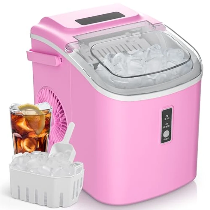 EUHOMY Countertop Ice Maker Machine with Handle, 26.5lbs Per Day, 9 Cubes in 6 Mins, Auto-Cleaning Portable Ice Maker with Basket and Scoop, for Home/Kitchen/Camping/RV (Pink) by EUHOMY - Used - Very Good condition