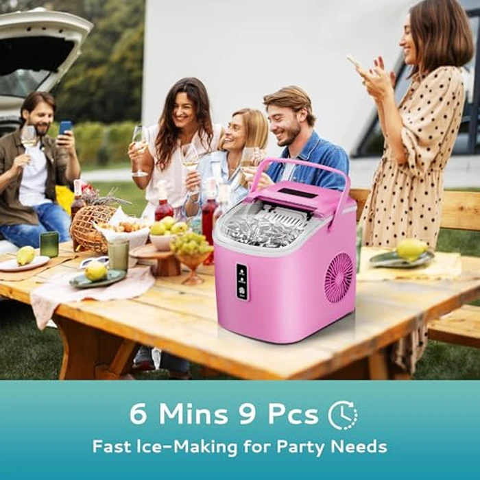 EUHOMY Countertop Ice Maker Machine with Handle, 26.5lbs Per Day, 9 Cubes in 6 Mins, Auto-Cleaning Portable Ice Maker with Basket and Scoop, for Home/Kitchen/Camping/RV (Pink) by EUHOMY - Image 3