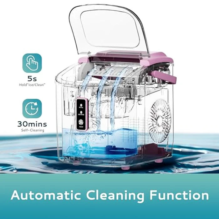 EUHOMY Countertop Ice Maker Machine with Handle, 26.5lbs Per Day, 9 Cubes in 6 Mins, Auto-Cleaning Portable Ice Maker with Basket and Scoop, for Home/Kitchen/Camping/RV (Pink) by EUHOMY - Image 5