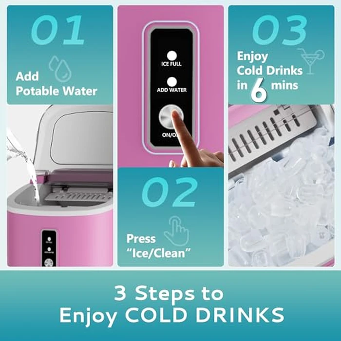 EUHOMY Countertop Ice Maker Machine with Handle, 26.5lbs Per Day, 9 Cubes in 6 Mins, Auto-Cleaning Portable Ice Maker with Basket and Scoop, for Home/Kitchen/Camping/RV (Pink) by EUHOMY - Image 6