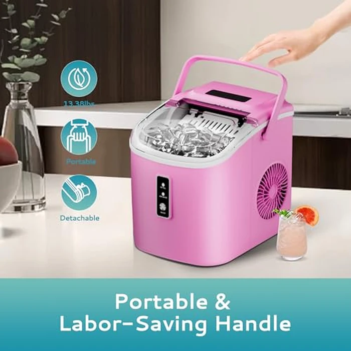 EUHOMY Countertop Ice Maker Machine with Handle, 26.5lbs Per Day, 9 Cubes in 6 Mins, Auto-Cleaning Portable Ice Maker with Basket and Scoop, for Home/Kitchen/Camping/RV (Pink) by EUHOMY - Image 7
