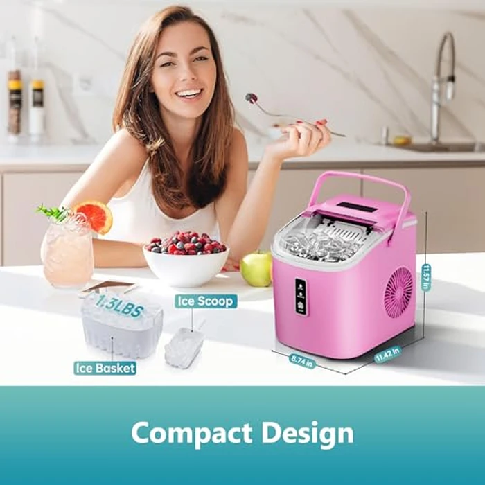 EUHOMY Countertop Ice Maker Machine with Handle, 26.5lbs Per Day, 9 Cubes in 6 Mins, Auto-Cleaning Portable Ice Maker with Basket and Scoop, for Home/Kitchen/Camping/RV (Pink) by EUHOMY - Image 8