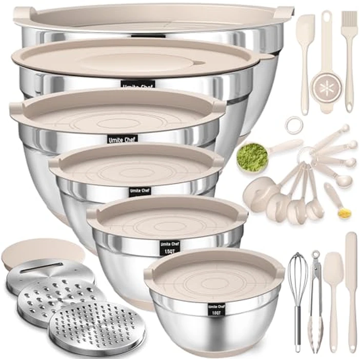 Mixing Bowls with Airtight Lids Set, 26PCS Stainless Steel Khaki Bowls with Grater Attachments, Non-Slip Bottoms & Kitchen Gadgets Set, Size 7, 4, 2.5, 2.0,1.5, 1QT, Great for Mixing & Serving by Umite Chef - Used - Very Good condition - US$40.27