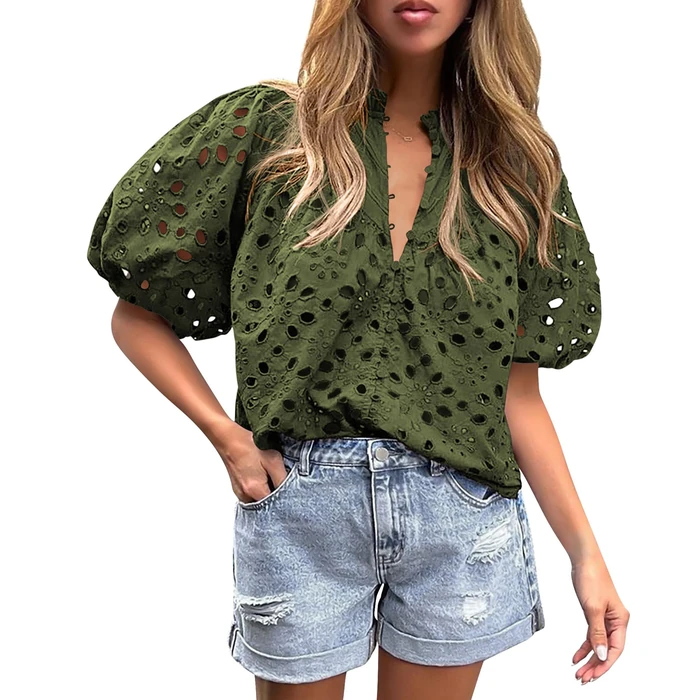 PRETTYGARDEN Women's Summer Tops 2025 Dressy Casual Short Sleeve V Neck Buttons Hollow Out Lace Embroidered Blouses Shirts (Army Green,X-Large) by PRETTYGARDEN - Used - Like New condition - US$22.56