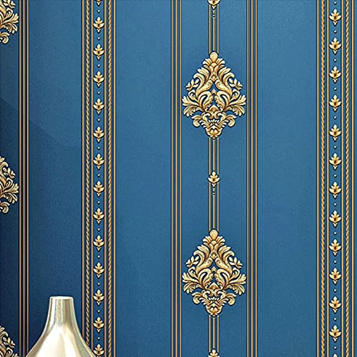 Q QIHANG 1.73' W x 32.8'L 3D Embossed Damask Printing Modern Minimalist European Style Bedroom TV Background Non-Woven Non-Pasted Wallpaper (B Blue) by Q QIHANG - Image 1
