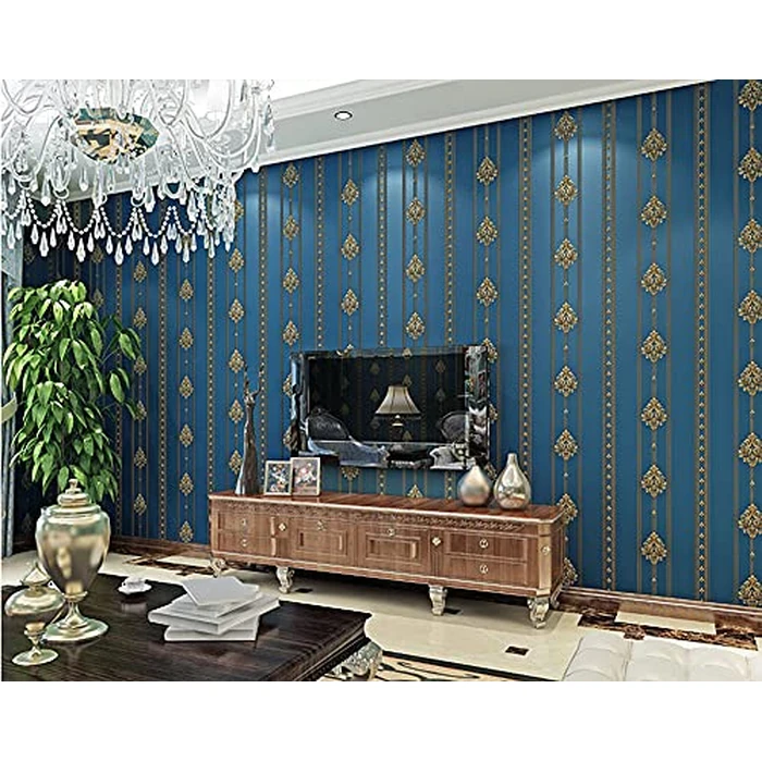 Q QIHANG 1.73' W x 32.8'L 3D Embossed Damask Printing Modern Minimalist European Style Bedroom TV Background Non-Woven Non-Pasted Wallpaper (B Blue) by Q QIHANG - Image 2