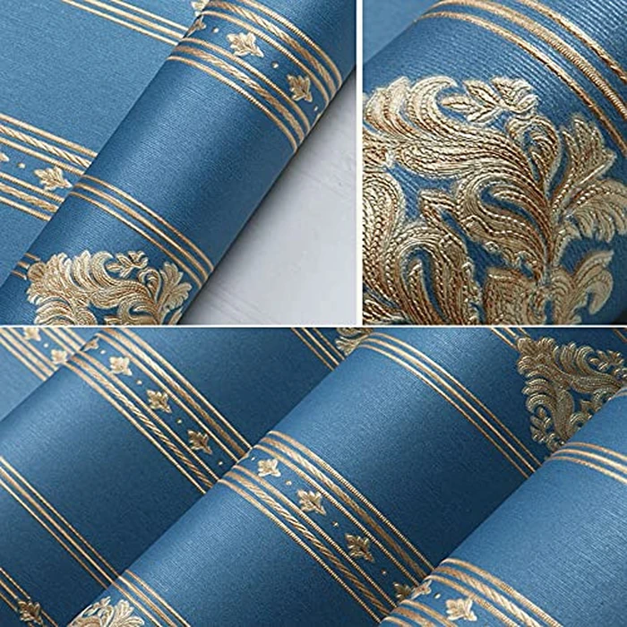 Q QIHANG 1.73' W x 32.8'L 3D Embossed Damask Printing Modern Minimalist European Style Bedroom TV Background Non-Woven Non-Pasted Wallpaper (B Blue) by Q QIHANG - Image 4