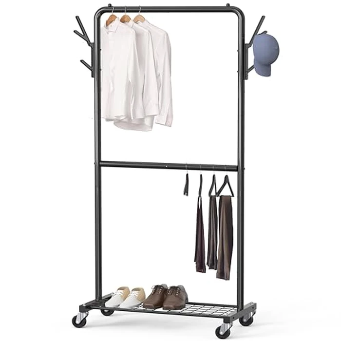 Simple Houseware Double Rod Garment Rack with Wheels and Hooks, Black by Simple Houseware - Used - Very Good condition - US$32.76