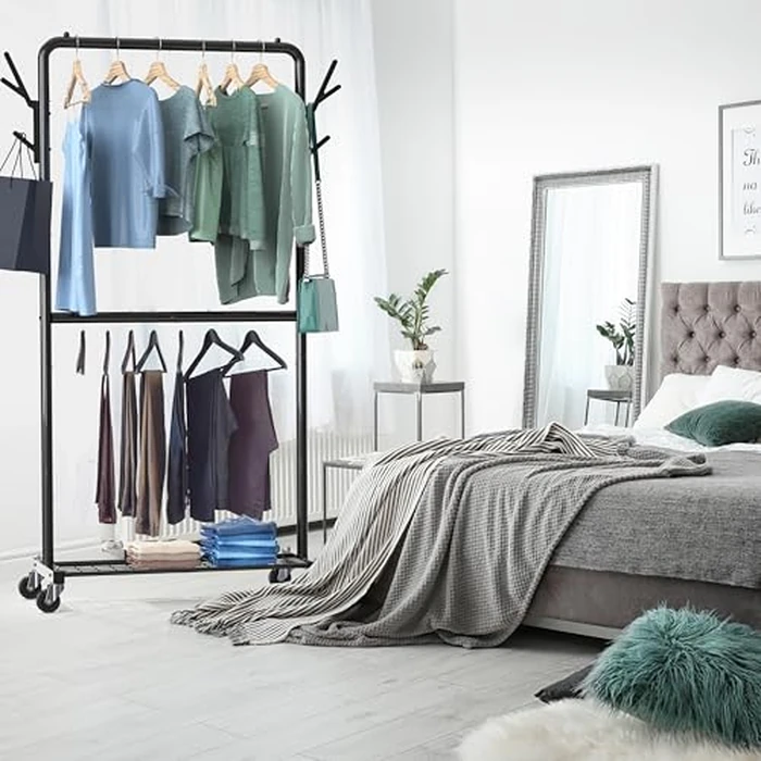 Simple Houseware Double Rod Garment Rack with Wheels and Hooks, Black by Simple Houseware - Image 2