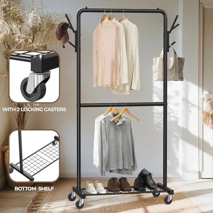 Simple Houseware Double Rod Garment Rack with Wheels and Hooks, Black by Simple Houseware - Image 4