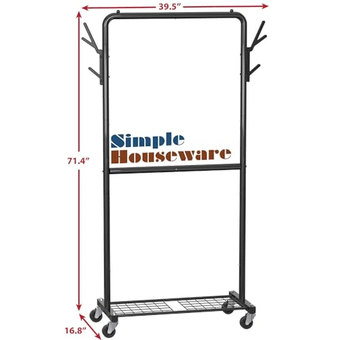 Simple Houseware Double Rod Garment Rack with Wheels and Hooks, Black by Simple Houseware - Image 5