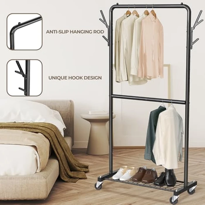 Simple Houseware Double Rod Garment Rack with Wheels and Hooks, Black by Simple Houseware - Image 6