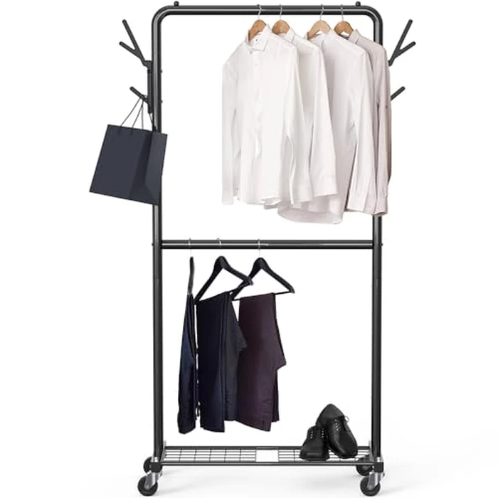 Simple Houseware Double Rod Garment Rack with Wheels and Hooks, Black by Simple Houseware - Image 7