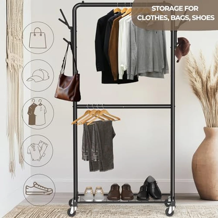 Simple Houseware Double Rod Garment Rack with Wheels and Hooks, Black by Simple Houseware - Image 8