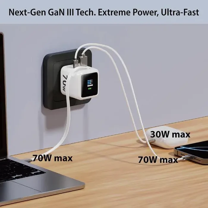 Rosewill 70W Retractable USB-C Wall Charger with Built-in Cable, 3-Port GaN 3 Fast Charging, Foldable Design & Real-Time TFT Display for MacBook, by Rosewill - Image 4