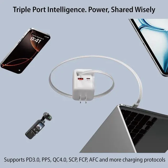 Rosewill 70W Retractable USB-C Wall Charger with Built-in Cable, 3-Port GaN 3 Fast Charging, Foldable Design & Real-Time TFT Display for MacBook, by Rosewill - Image 6