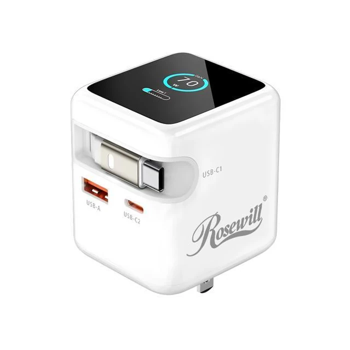 Rosewill 70W Retractable USB-C Wall Charger with Built-in Cable, 3-Port GaN 3 Fast Charging, Foldable Design & Real-Time TFT Display for MacBook, by Rosewill - Open Boxproduct Type condition