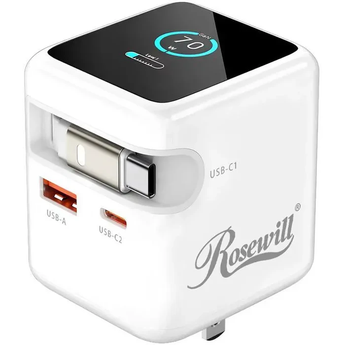 Rosewill 70W Retractable USB-C Wall Charger with Built-in Cable, 3-Port GaN 3 Fast Charging, Foldable Design & Real-Time TFT Display for MacBook, by Rosewill - Image 2