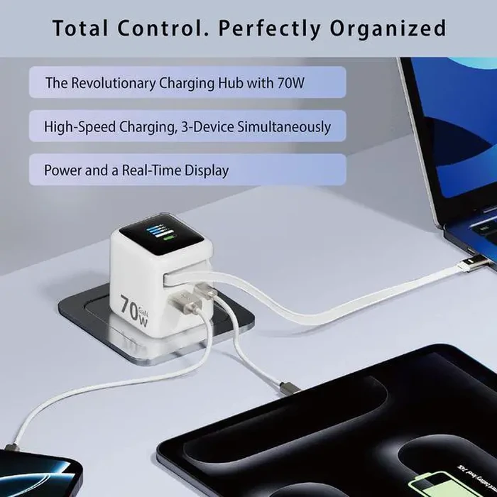 Rosewill 70W Retractable USB-C Wall Charger with Built-in Cable, 3-Port GaN 3 Fast Charging, Foldable Design & Real-Time TFT Display for MacBook, by Rosewill - Image 3