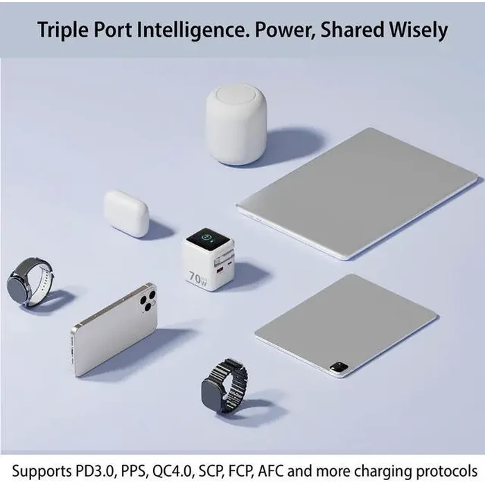 Rosewill 70W Retractable USB-C Wall Charger with Built-in Cable, 3-Port GaN 3 Fast Charging, Foldable Design & Real-Time TFT Display for MacBook, by Rosewill - Image 5