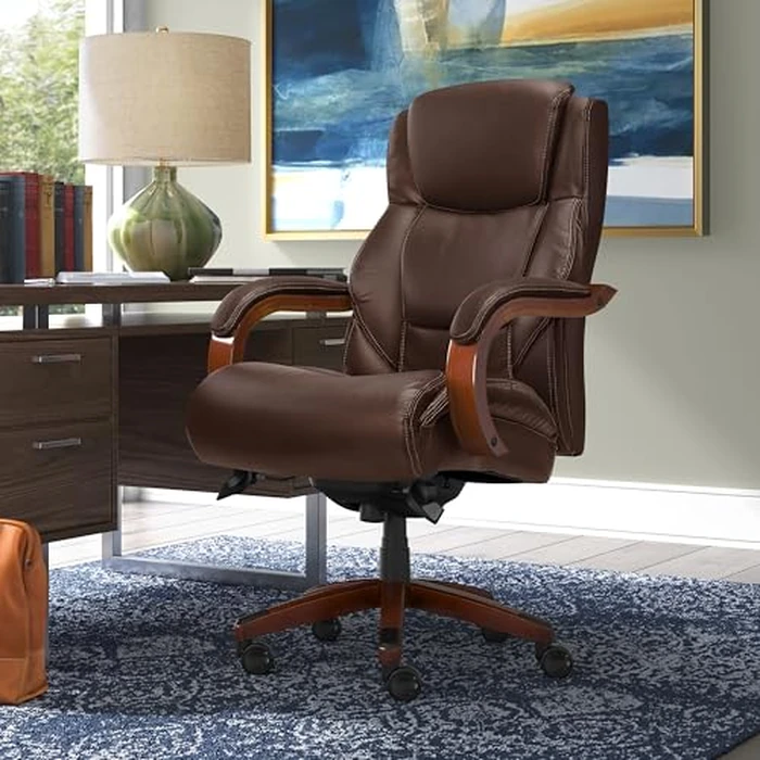 La-Z-Boy Delano Big and Tall Executive Office Chair - Ergonomic Lumbar Support Memory Foam - Bonded Leather Desk Chair for Home Office - Mahogany Wood Arms - Chestnut Brown by La-Z-Boy - Image 2