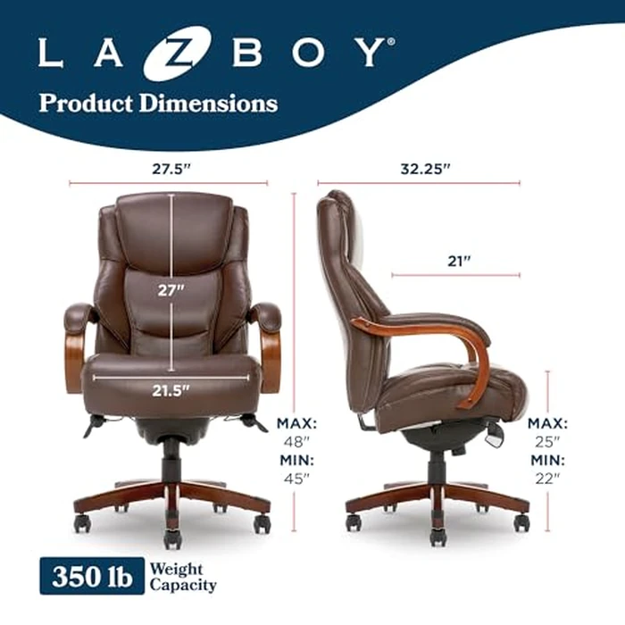 La-Z-Boy Delano Big and Tall Executive Office Chair - Ergonomic Lumbar Support Memory Foam - Bonded Leather Desk Chair for Home Office - Mahogany Wood Arms - Chestnut Brown by La-Z-Boy - Image 3