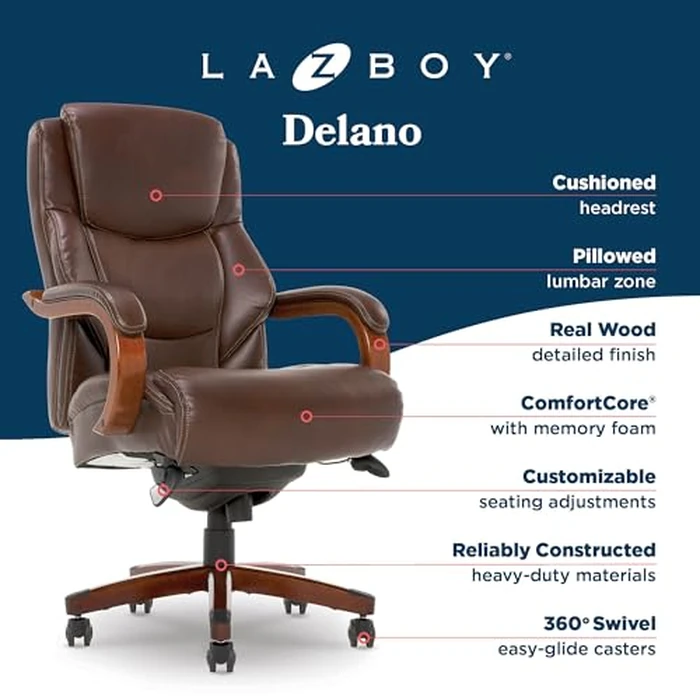 La-Z-Boy Delano Big and Tall Executive Office Chair - Ergonomic Lumbar Support Memory Foam - Bonded Leather Desk Chair for Home Office - Mahogany Wood Arms - Chestnut Brown by La-Z-Boy - Image 4