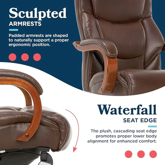 La-Z-Boy Delano Big and Tall Executive Office Chair - Ergonomic Lumbar Support Memory Foam - Bonded Leather Desk Chair for Home Office - Mahogany Wood Arms - Chestnut Brown by La-Z-Boy - Image 8