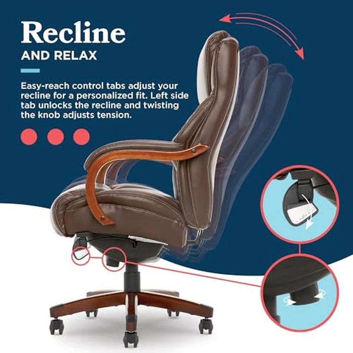 La-Z-Boy Delano Big and Tall Executive Office Chair - Ergonomic Lumbar Support Memory Foam - Bonded Leather Desk Chair for Home Office - Mahogany Wood Arms - Chestnut Brown by La-Z-Boy - Image 9