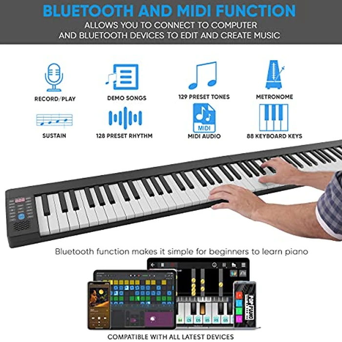 Pyle 88-Key Electric Piano Keyboard - Full Sized Bluetooth Enabled Keyboard with 28 Rhythms & Tones, Built-In Speaker, Sustain Pedal, Piano Bag, Portable Design, Ideal for Beginners and Professionals by Pyle - Image 6