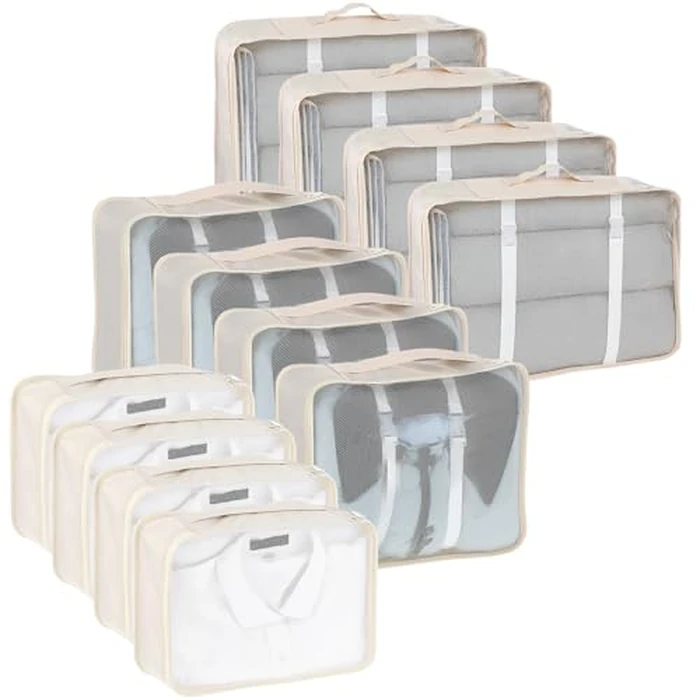 12 Pcs Packing Cubes for Suitcase Travel Luggage Bags Bulk Mesh Organizer Set for Hiking Camping Backpacking Clothes Accessories(Light Khaki, S, M, L Size) by Lemecima - Used - Very Good condition - US$23.50