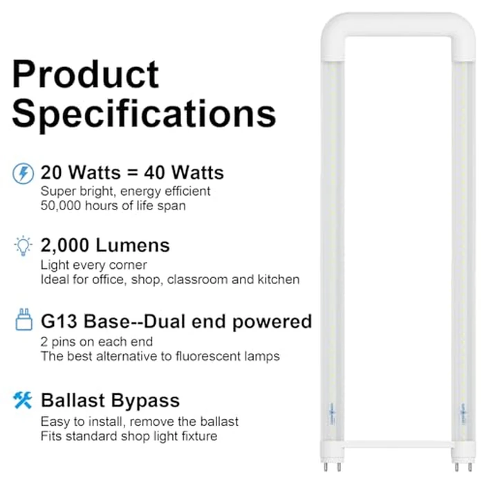LUMINOSUM T8 U Bend LED Tube Light 20W 40W Equivalent, 5000k Daylight U Shaped Bulb, 2000LM 2x2FT Fluorescent Replacement, G13 Base Dual-Ended Powered Ballast Bypass, Clear Cover ETL Listed, 10-Pack by LUMINOSUM - Image 2
