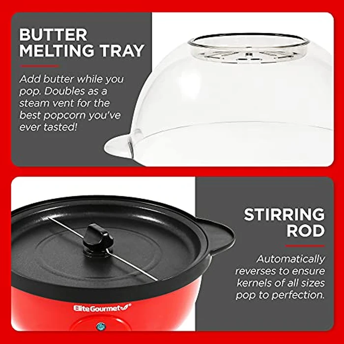 Elite Gourmet EPM330R Automatic Stirring Ceramic Nonstick 12-cup Popcorn Maker, Hot Oil Popcorn Machine w/Measuring Cap & Built-in Reversible Serving Bowl, Great for Home Party, ETL Approved, Red by Elite Gourmet - Image 2