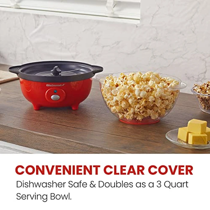 Elite Gourmet EPM330R Automatic Stirring Ceramic Nonstick 12-cup Popcorn Maker, Hot Oil Popcorn Machine w/Measuring Cap & Built-in Reversible Serving Bowl, Great for Home Party, ETL Approved, Red by Elite Gourmet - Image 4