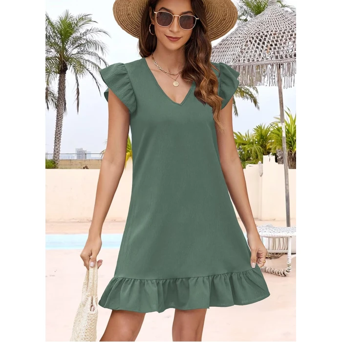 QACOHU Summer Dresses for Women 2026 V Neck Cap Sleeve Ruffle Hem Smock Short Casual Outings Beach Dress Blackish Green S by QACOHU - Image 2