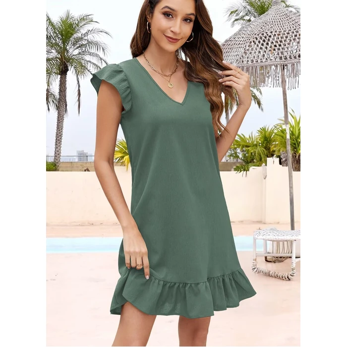 QACOHU Summer Dresses for Women 2026 V Neck Cap Sleeve Ruffle Hem Smock Short Casual Outings Beach Dress Blackish Green S by QACOHU - Image 3