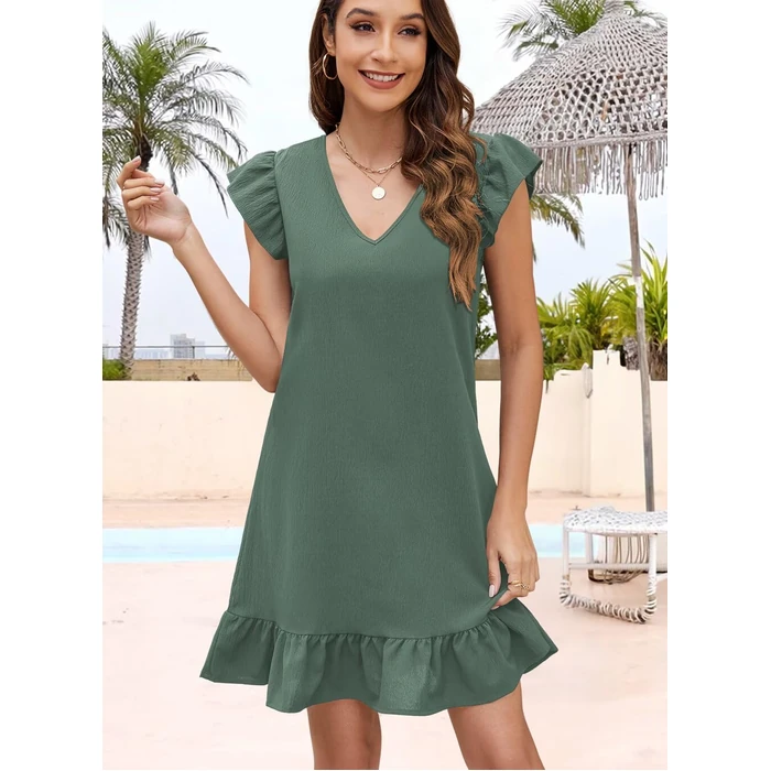 QACOHU Summer Dresses for Women 2026 V Neck Cap Sleeve Ruffle Hem Smock Short Casual Outings Beach Dress Blackish Green S by QACOHU - Image 4