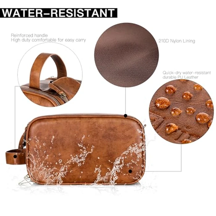 Elviros Toiletry Bag for Men, Large Travel Shaving Dopp Kit Water-Resistant Bathroom Toiletries Organizer PU Leather Cosmetic Bags (Brown, Large) by Elviros - Image 3