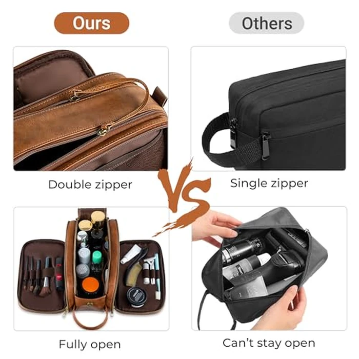 Elviros Toiletry Bag for Men, Large Travel Shaving Dopp Kit Water-Resistant Bathroom Toiletries Organizer PU Leather Cosmetic Bags (Brown, Large) by Elviros - Image 4