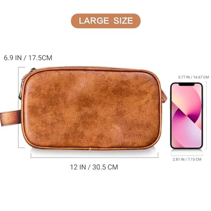 Elviros Toiletry Bag for Men, Large Travel Shaving Dopp Kit Water-Resistant Bathroom Toiletries Organizer PU Leather Cosmetic Bags (Brown, Large) by Elviros - Image 6