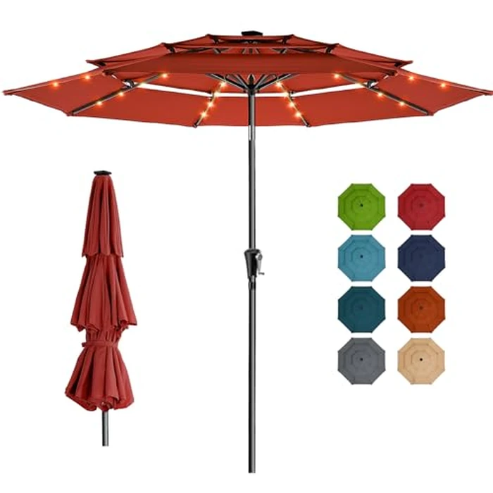 HOMSHADE 9FT 3-Tier Solar Patio Umbrella Heavy Duty, Vented Market Table Umbrella Windproof w/32 LED Lights, UPF50+, 3-Year Fade Resistant, for Pool, Lawn, Garden, Deck (Neon Orange,No Base) by HOMSHADE - Used - Like New condition - US$113.99