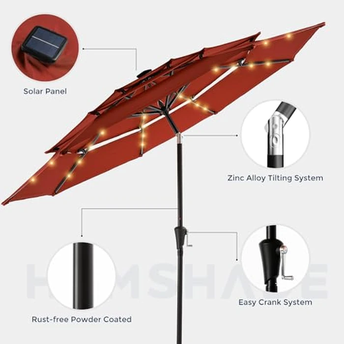 HOMSHADE 9FT 3-Tier Solar Patio Umbrella Heavy Duty, Vented Market Table Umbrella Windproof w/32 LED Lights, UPF50+, 3-Year Fade Resistant, for Pool, Lawn, Garden, Deck (Neon Orange,No Base) by HOMSHADE - Image 7